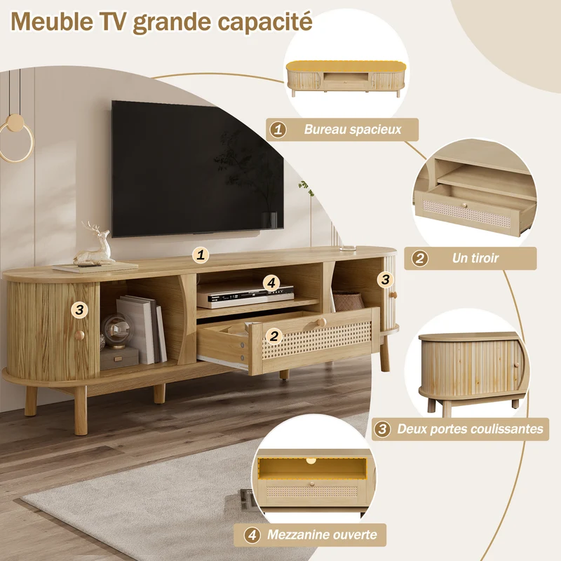 Meuble TV effet bois claire ovale tiroirs en rotin et 2 portes coulissantes 165x37x46cm VIVIDLNE