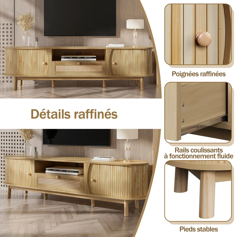 Meuble TV effet bois claire ovale tiroirs en rotin et 2 portes coulissantes 165x37x46cm VIVIDLNE
