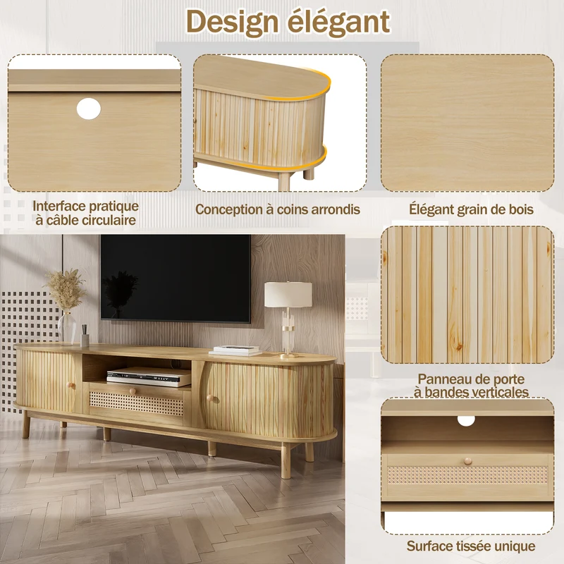 Meuble TV effet bois claire ovale tiroirs en rotin et 2 portes coulissantes 165x37x46cm VIVIDLNE