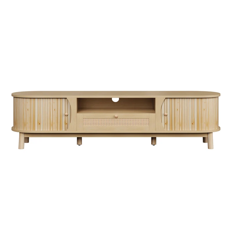 Meuble TV effet bois claire ovale tiroirs en rotin et 2 portes coulissantes 165x37x46cm VIVIDLNE
