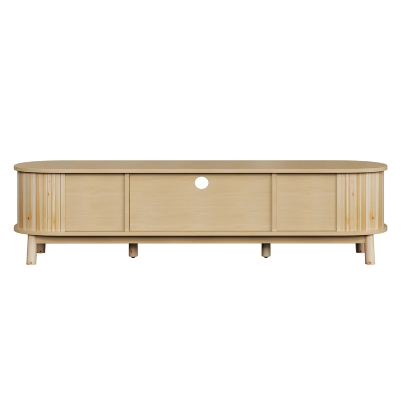 Meuble TV effet bois claire ovale tiroirs en rotin et 2 portes coulissantes 165x37x46cm VIVIDLNE