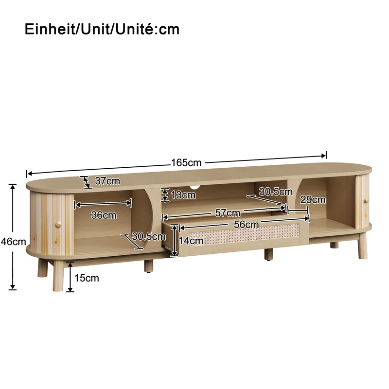 Meuble TV effet bois claire ovale tiroirs en rotin et 2 portes coulissantes 165x37x46cm VIVIDLNE