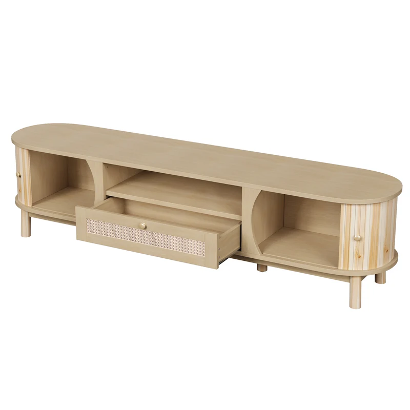 Meuble TV effet bois claire ovale tiroirs en rotin et 2 portes coulissantes 165x37x46cm VIVIDLNE