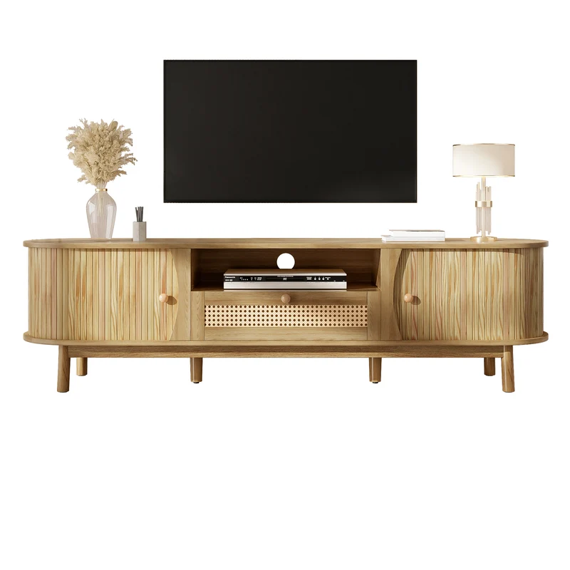 Meuble TV effet bois claire ovale tiroirs en rotin et 2 portes coulissantes 165x37x46cm VIVIDLNE