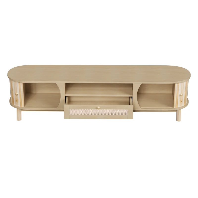 Meuble TV effet bois claire ovale tiroirs en rotin et 2 portes coulissantes 165x37x46cm VIVIDLNE