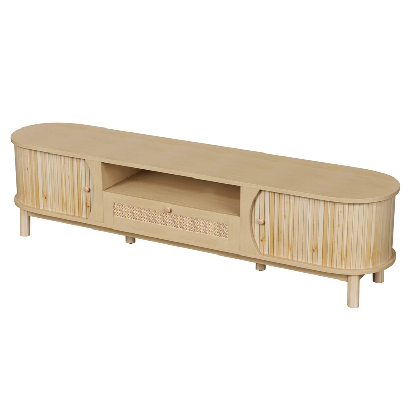 Meuble TV effet bois claire ovale tiroirs en rotin et 2 portes coulissantes 165x37x46cm VIVIDLNE