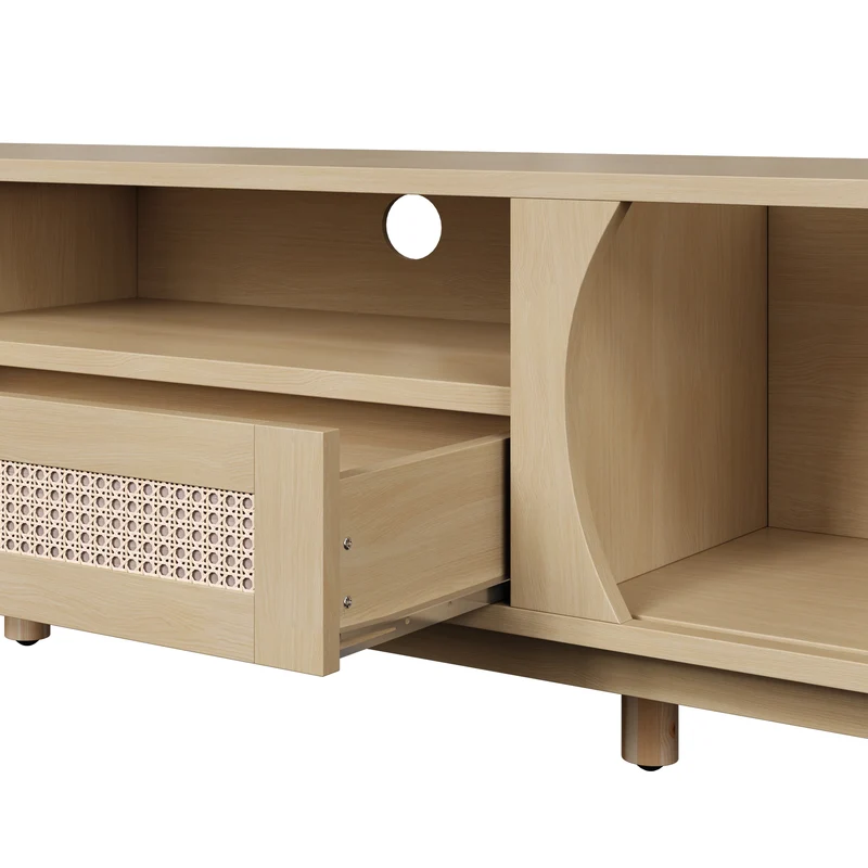 Meuble TV effet bois claire ovale tiroirs en rotin et 2 portes coulissantes 165x37x46cm VIVIDLNE