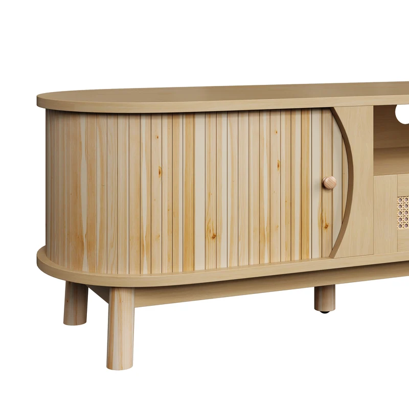 Meuble TV effet bois claire ovale tiroirs en rotin et 2 portes coulissantes 165x37x46cm VIVIDLNE