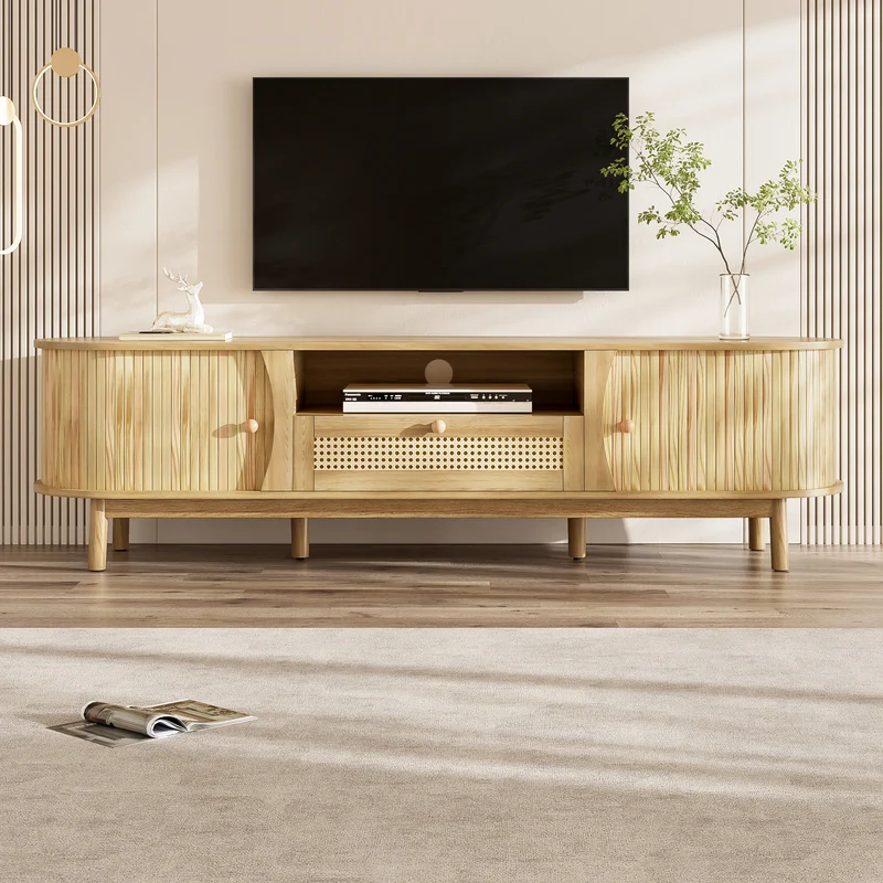 Meuble TV effet bois claire ovale tiroirs en rotin et 2 portes coulissantes 165x37x46cm VIVIDLNE
