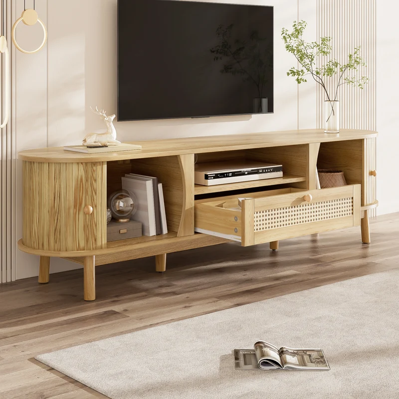 Meuble TV effet bois claire ovale tiroirs en rotin et 2 portes coulissantes 165x37x46cm VIVIDLNE