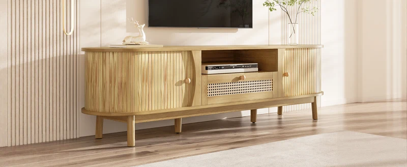 Meuble TV effet bois claire ovale tiroirs en rotin et 2 portes coulissantes 165x37x46cm VIVIDLNE