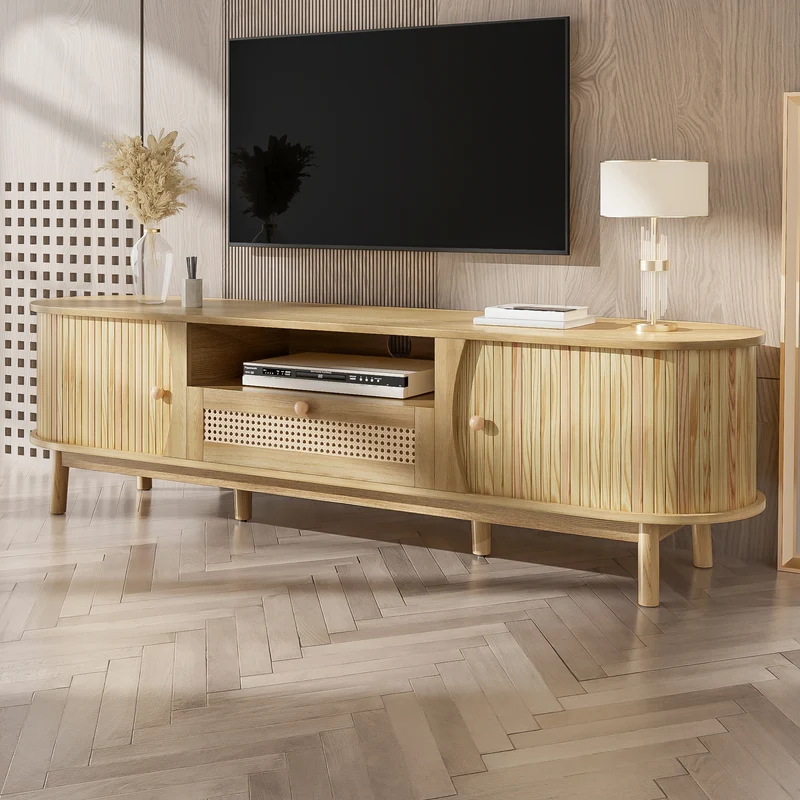 Meuble TV effet bois claire ovale tiroirs en rotin et 2 portes coulissantes 165x37x46cm VIVIDLNE