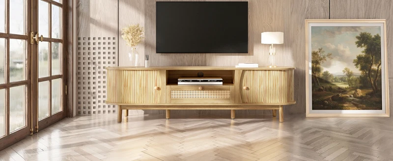 Meuble TV effet bois claire ovale tiroirs en rotin et 2 portes coulissantes 165x37x46cm VIVIDLNE