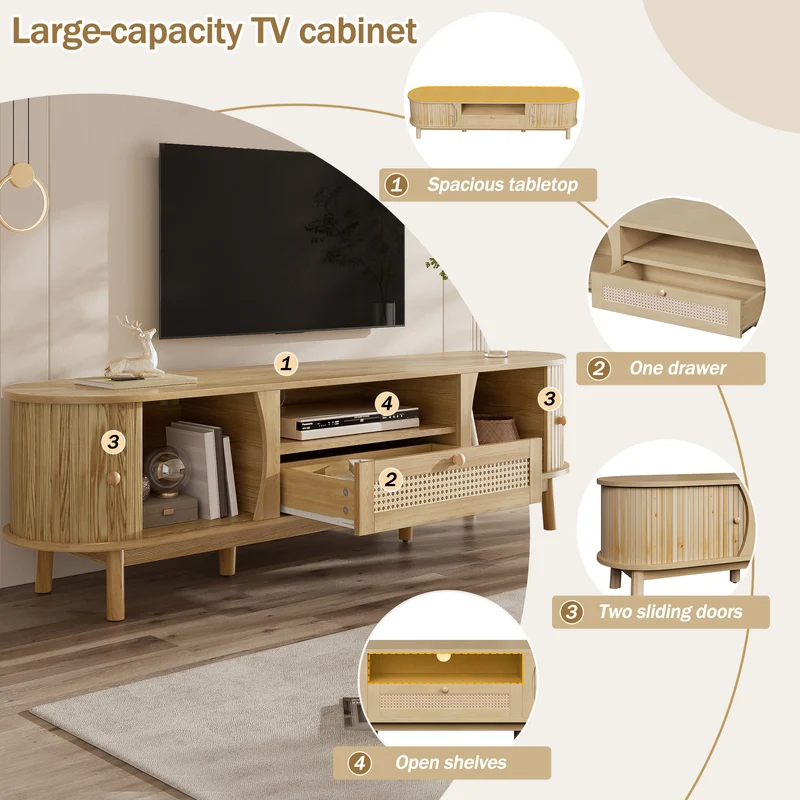 Meuble TV effet bois claire ovale tiroirs en rotin et 2 portes coulissantes 165x37x46cm VIVIDLNE