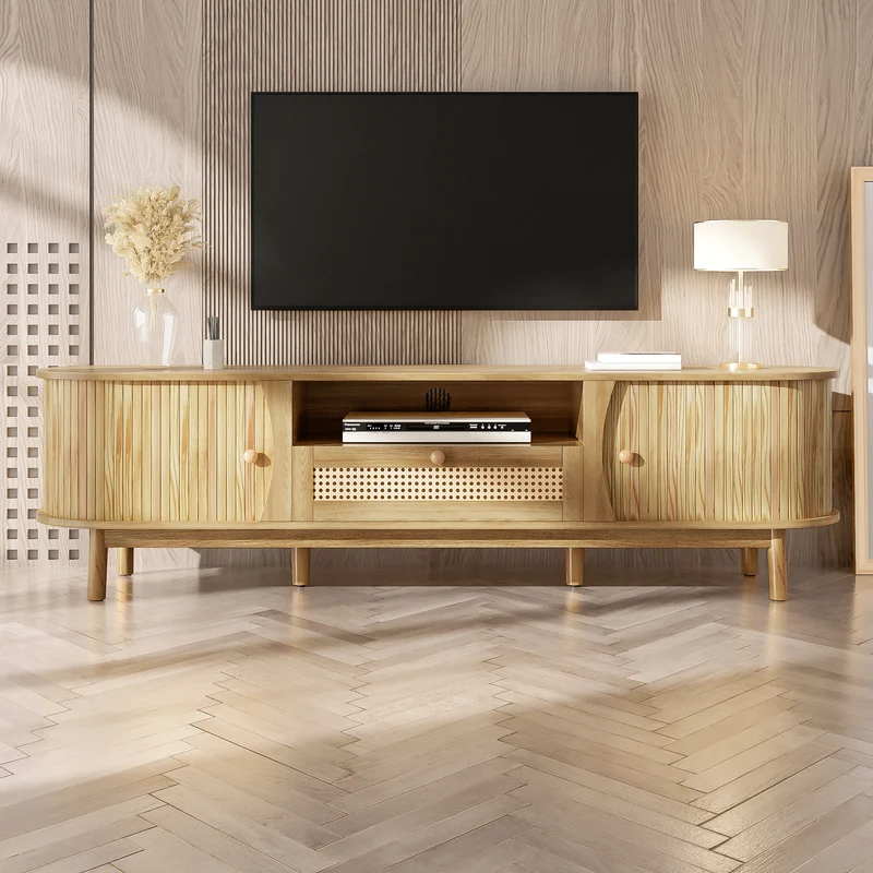 Meuble TV effet bois claire ovale tiroirs en rotin et 2 portes coulissantes 165x37x46cm VIVIDLNE