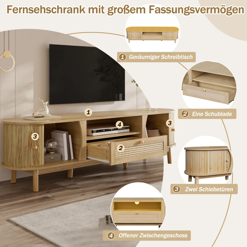 Meuble TV effet bois claire ovale tiroirs en rotin et 2 portes coulissantes 165x37x46cm VIVIDLNE