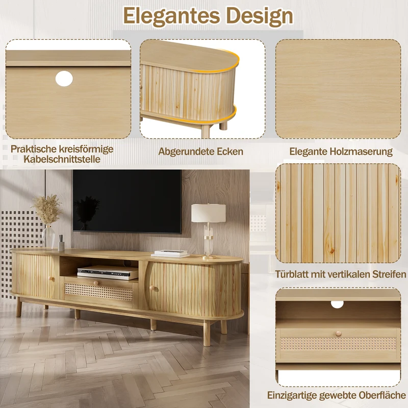 Meuble TV effet bois claire ovale tiroirs en rotin et 2 portes coulissantes 165x37x46cm VIVIDLNE