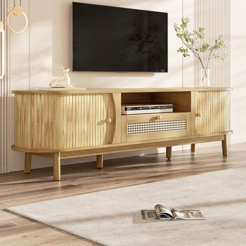 Meuble TV effet bois claire ovale tiroirs en rotin et 2 portes coulissantes 165x37x46cm VIVIDLNE
