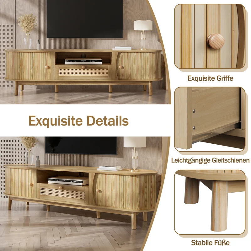 Meuble TV effet bois claire ovale tiroirs en rotin et 2 portes coulissantes 165x37x46cm VIVIDLNE