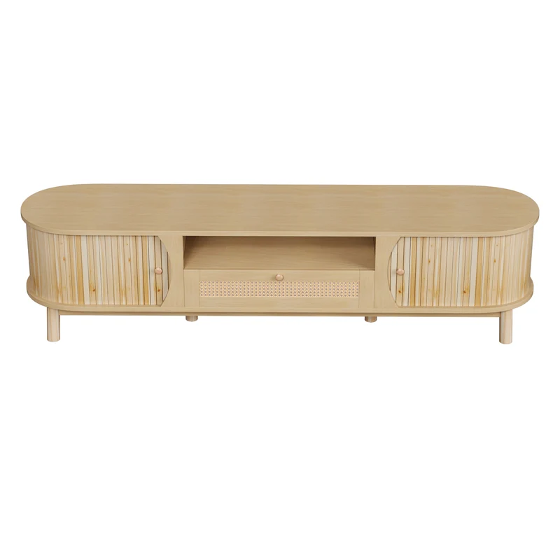 Meuble TV effet bois claire ovale tiroirs en rotin et 2 portes coulissantes 165x37x46cm VIVIDLNE