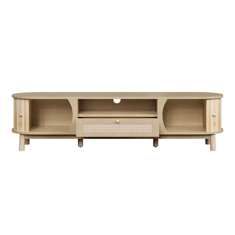 Meuble TV effet bois claire ovale tiroirs en rotin et 2 portes coulissantes 165x37x46cm VIVIDLNE