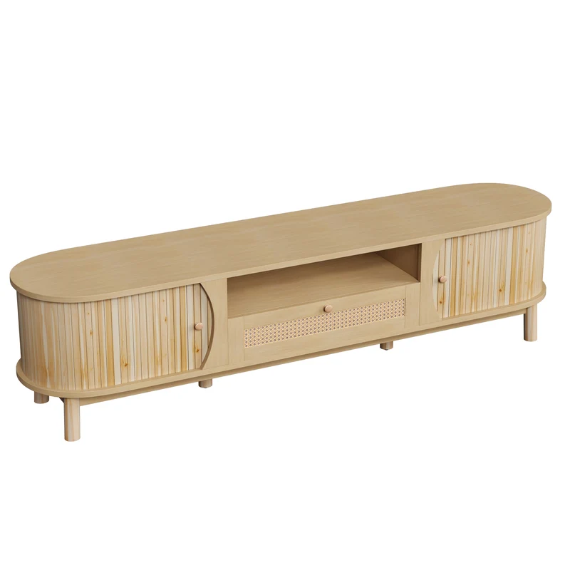 Meuble TV effet bois claire ovale tiroirs en rotin et 2 portes coulissantes 165x37x46cm VIVIDLNE