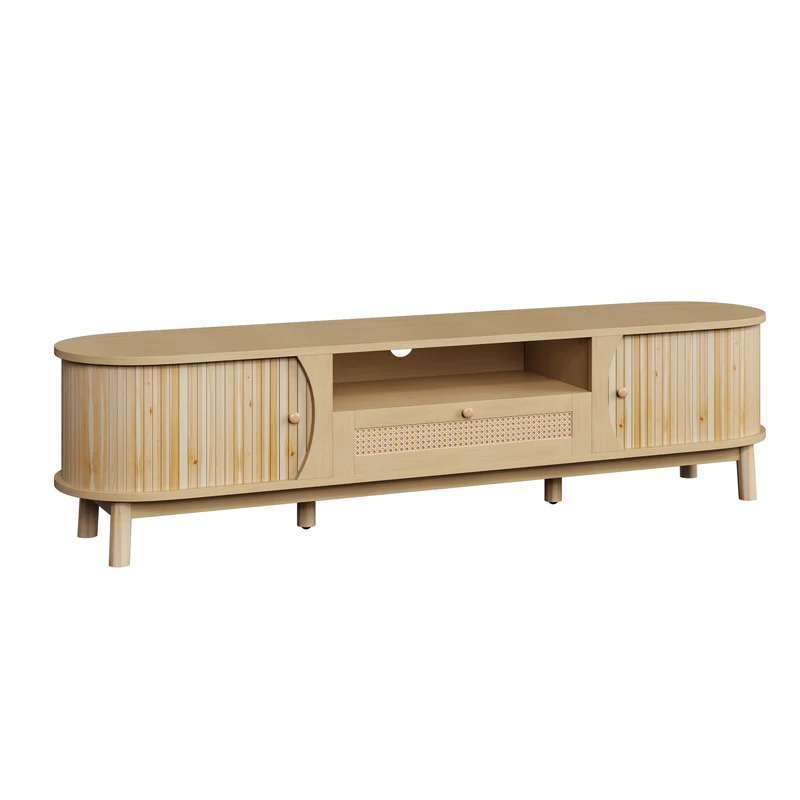 Meuble TV effet bois claire ovale tiroirs en rotin et 2 portes coulissantes 165x37x46cm VIVIDLNE