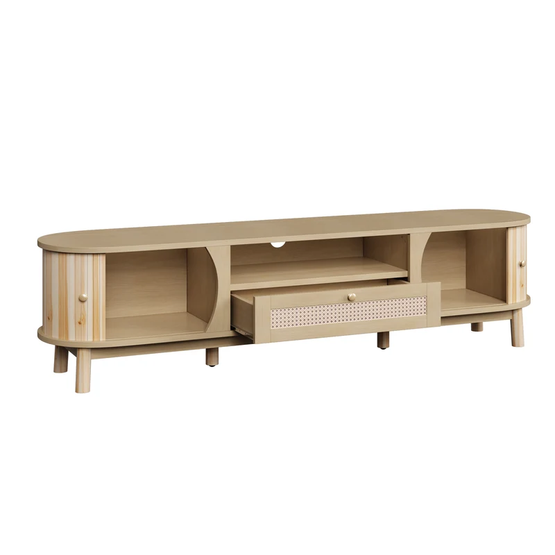 Meuble TV effet bois claire ovale tiroirs en rotin et 2 portes coulissantes 165x37x46cm VIVIDLNE