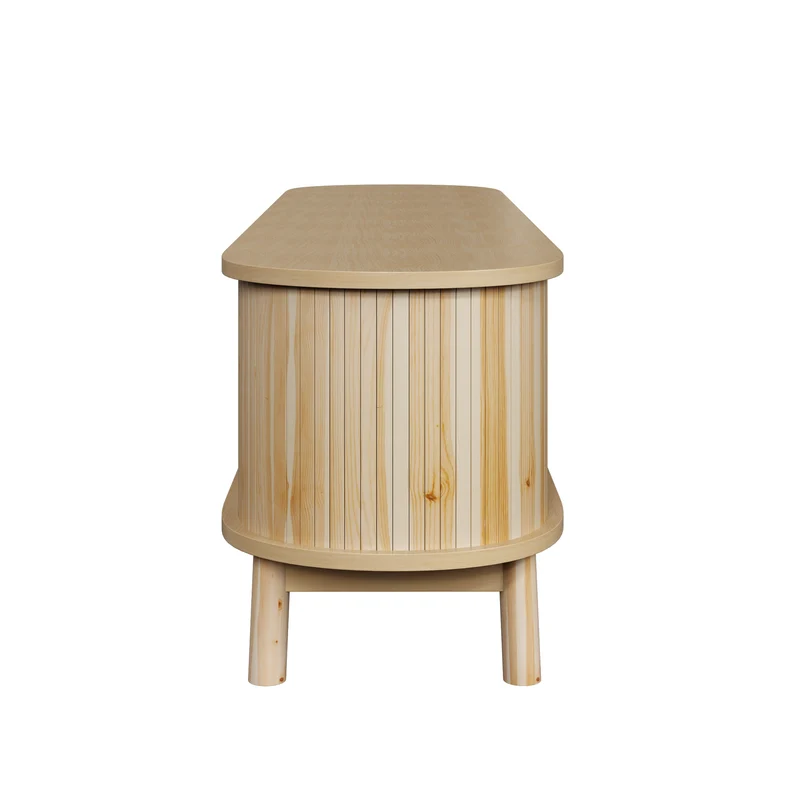 Meuble TV effet bois claire ovale tiroirs en rotin et 2 portes coulissantes 165x37x46cm VIVIDLNE