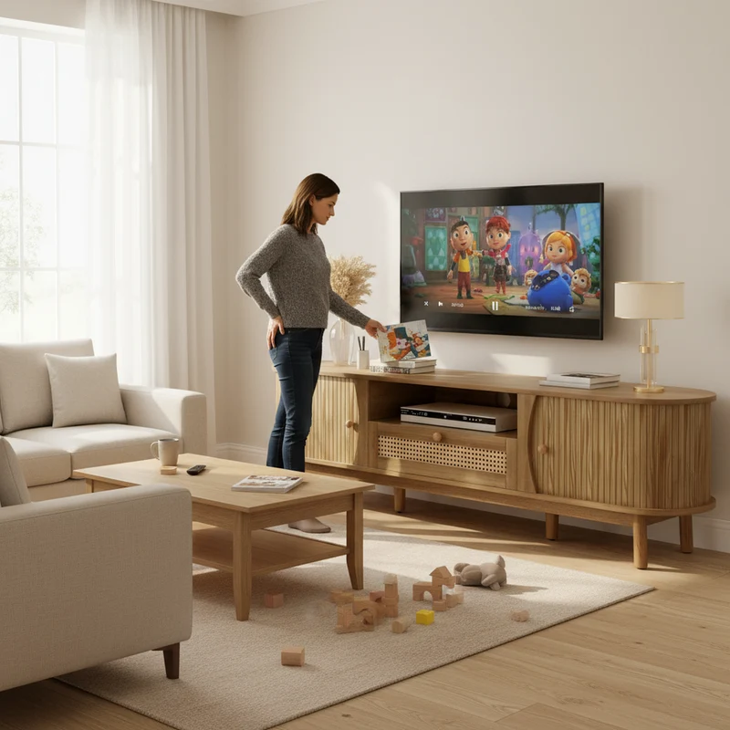 Meuble TV effet bois claire ovale tiroirs en rotin et 2 portes coulissantes 165x37x46cm VIVIDLNE