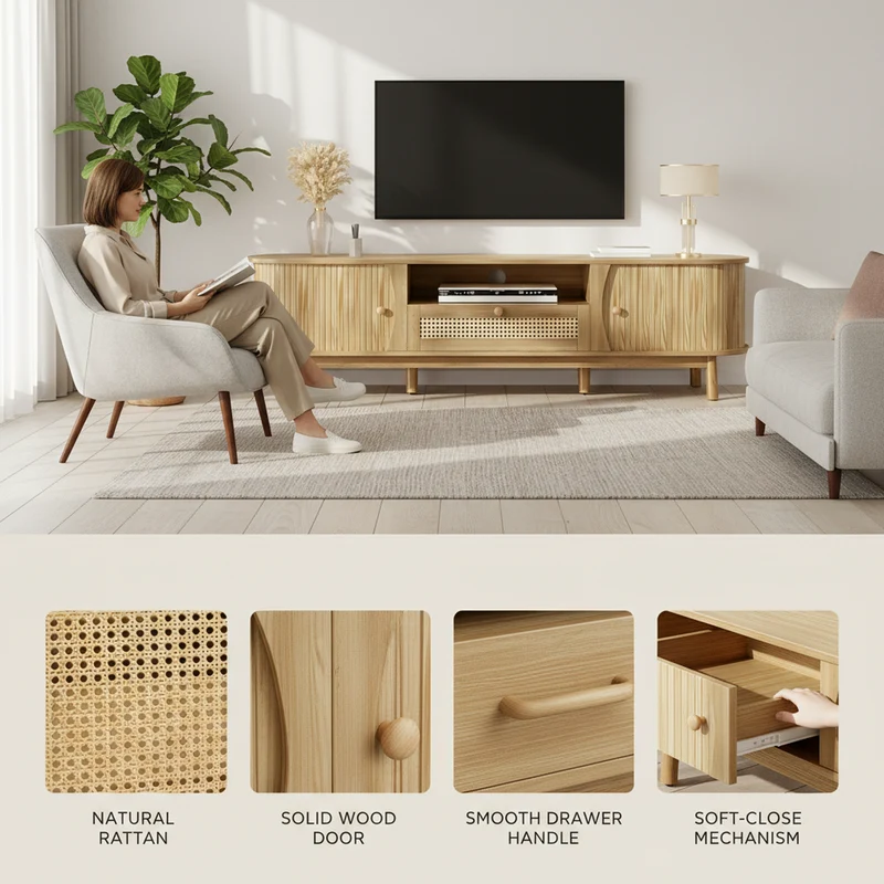 Meuble TV effet bois claire ovale tiroirs en rotin et 2 portes coulissantes 165x37x46cm VIVIDLNE
