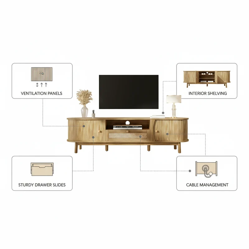 Meuble TV effet bois claire ovale tiroirs en rotin et 2 portes coulissantes 165x37x46cm VIVIDLNE