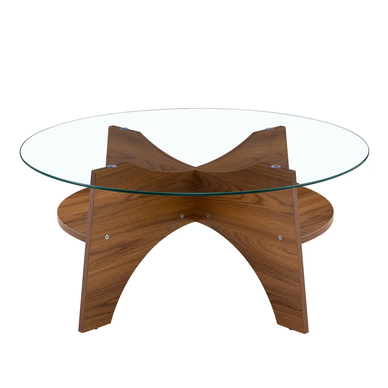 Table basse ronde en verre trempé pieds effet bois noyer Ø80 cm CLARITYEN