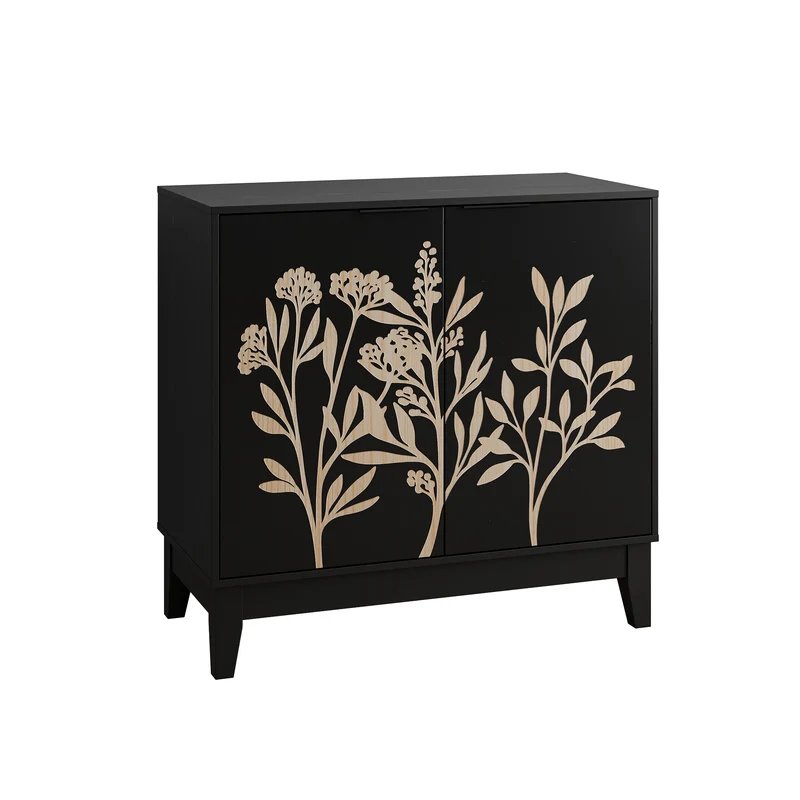 Buffet noir style champêtre à 2 porte avec motifs floraux gaufrés ELYSIUMLON