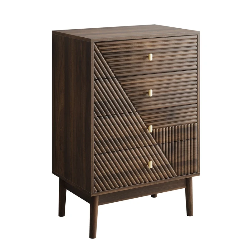 Commode scandinave 4 tiroirs effet bois noyer 4 tiroirs sculptées et pieds évasés 60x40x90cm NOBLEESIA