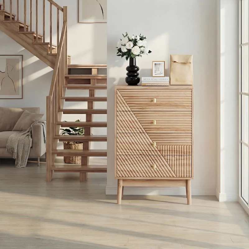 Commode scandinave 4 tiroirs effet bois chêne 4 tiroirs sculptées et pieds évasés 60x40x90cm QUANTAAI
