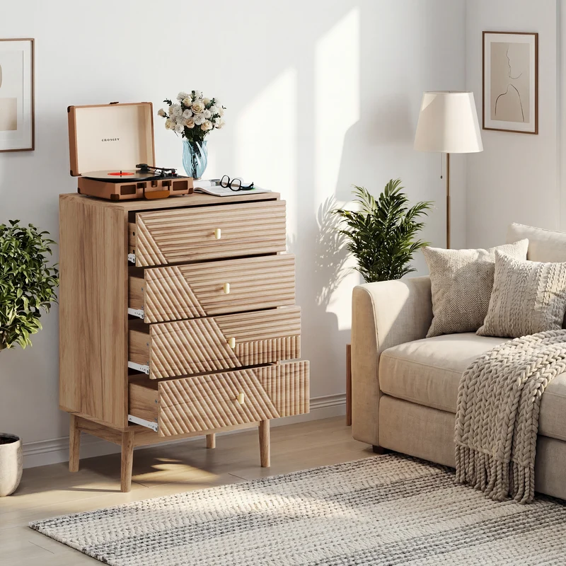 Commode scandinave 4 tiroirs effet bois chêne 4 tiroirs sculptées et pieds évasés 60x40x90cm QUANTAAI