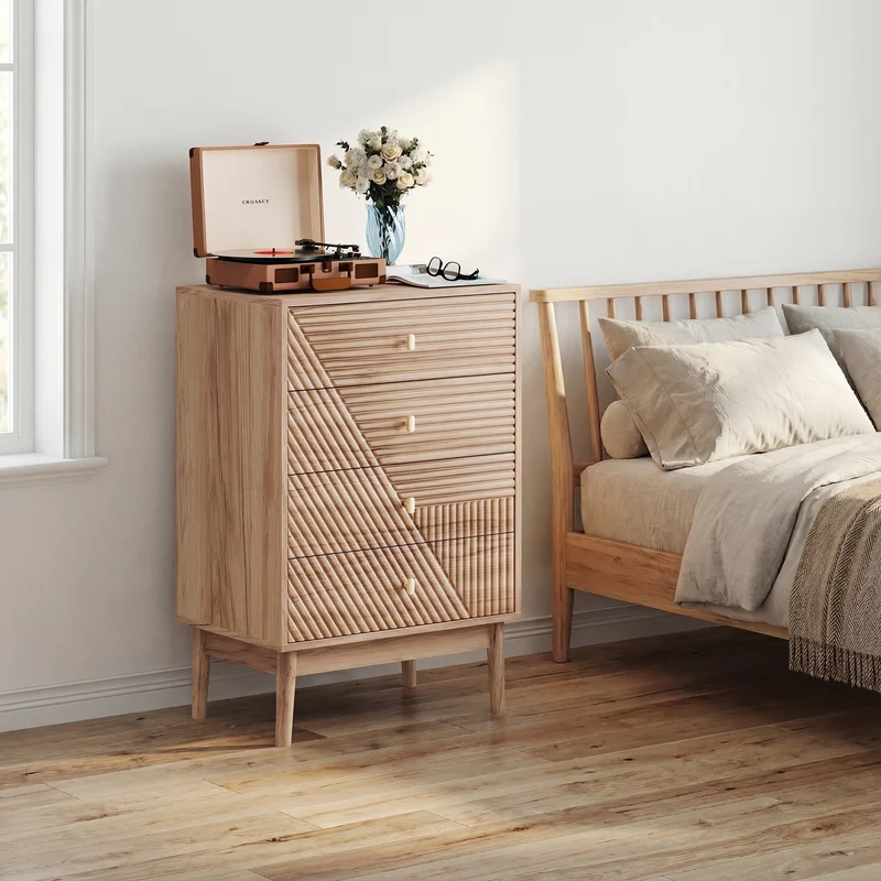 Commode scandinave 4 tiroirs effet bois chêne 4 tiroirs sculptées et pieds évasés 60x40x90cm QUANTAAI