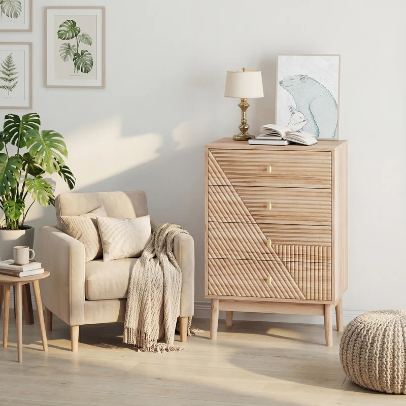 Commode scandinave 4 tiroirs effet bois chêne 4 tiroirs sculptées et pieds évasés 60x40x90cm QUANTAAI