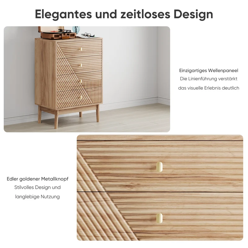 Commode scandinave 4 tiroirs effet bois chêne 4 tiroirs sculptées et pieds évasés 60x40x90cm QUANTAAI
