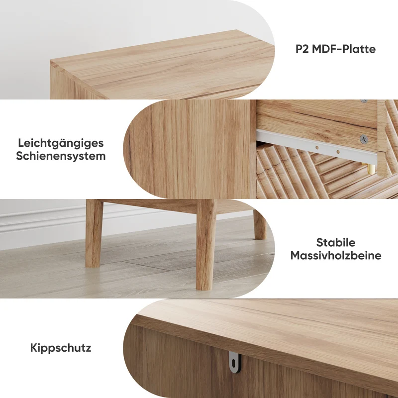 Commode scandinave 4 tiroirs effet bois chêne 4 tiroirs sculptées et pieds évasés 60x40x90cm QUANTAAI