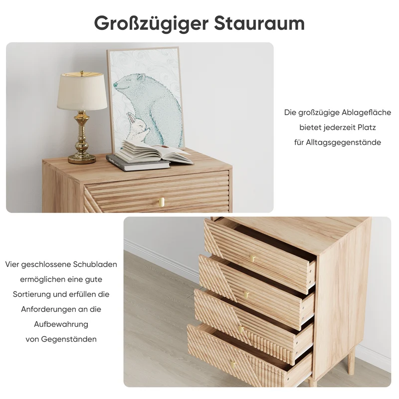 Commode scandinave 4 tiroirs effet bois chêne 4 tiroirs sculptées et pieds évasés 60x40x90cm QUANTAAI