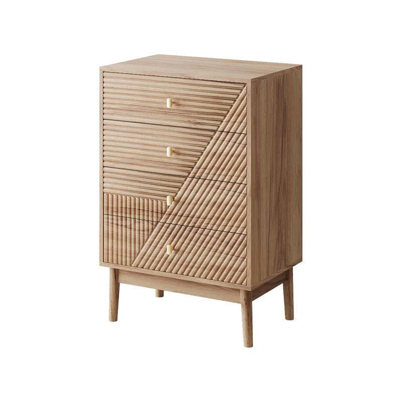 Commode scandinave 4 tiroirs effet bois chêne 4 tiroirs sculptées et pieds évasés 60x40x90cm QUANTAAI