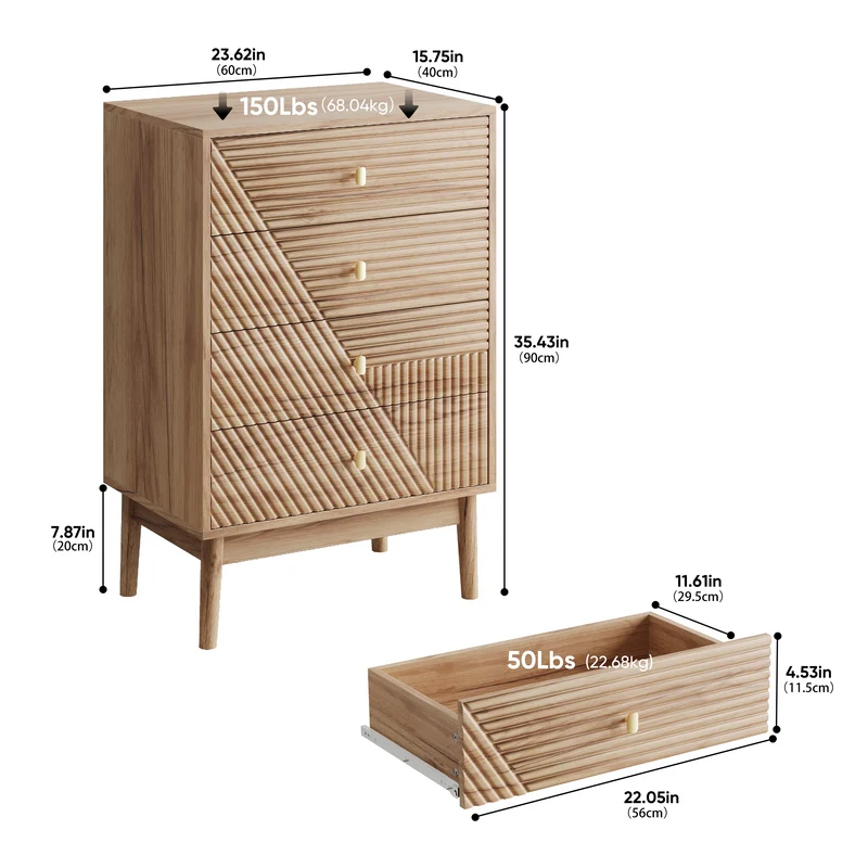 Commode scandinave 4 tiroirs effet bois chêne 4 tiroirs sculptées et pieds évasés 60x40x90cm QUANTAAI