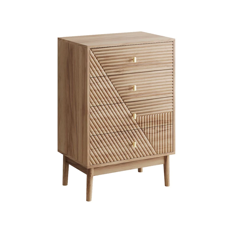 Commode scandinave 4 tiroirs effet bois chêne 4 tiroirs sculptées et pieds évasés 60x40x90cm QUANTAAI