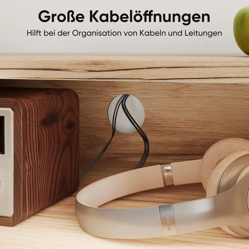 Meuble TV en bois clair avec portes sculptées et pieds évasés poignées dorées 110x40x48cm ELYSIUMLSE