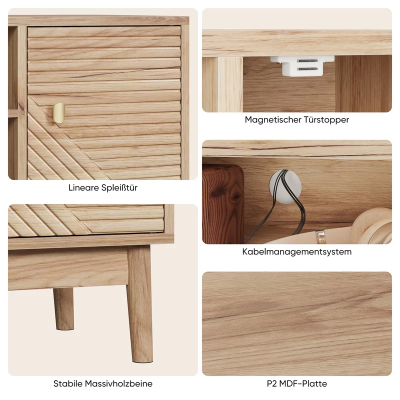 Meuble TV en bois clair avec portes sculptées et pieds évasés poignées dorées 110x40x48cm ELYSIUMLSE