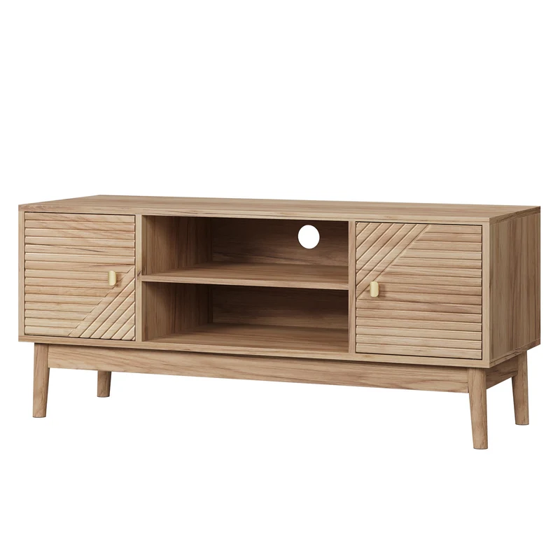 Meuble TV en bois clair avec portes sculptées et pieds évasés poignées dorées 110x40x48cm ELYSIUMLSE