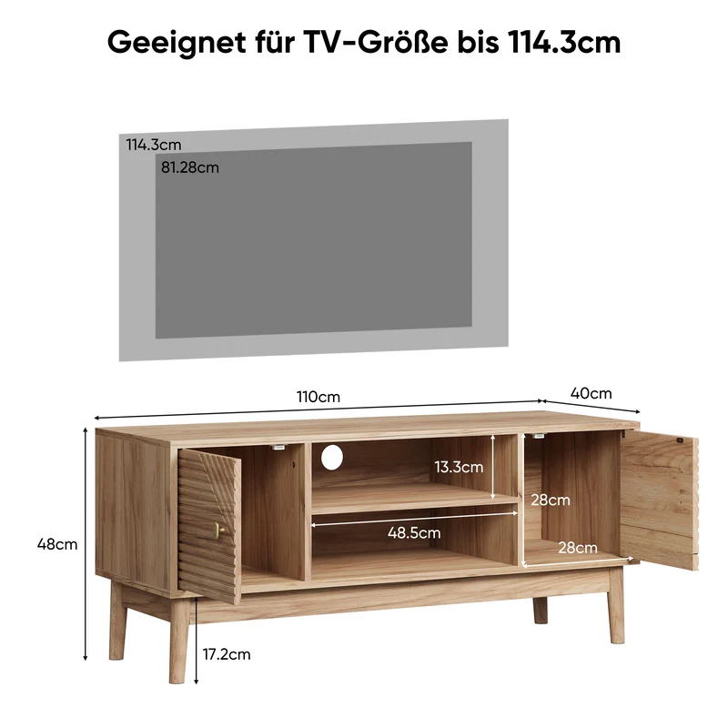 Meuble TV en bois clair avec portes sculptées et pieds évasés poignées dorées 110x40x48cm ELYSIUMLSE