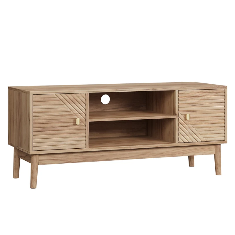Meuble TV en bois clair avec portes sculptées et pieds évasés poignées dorées 110x40x48cm ELYSIUMLSE